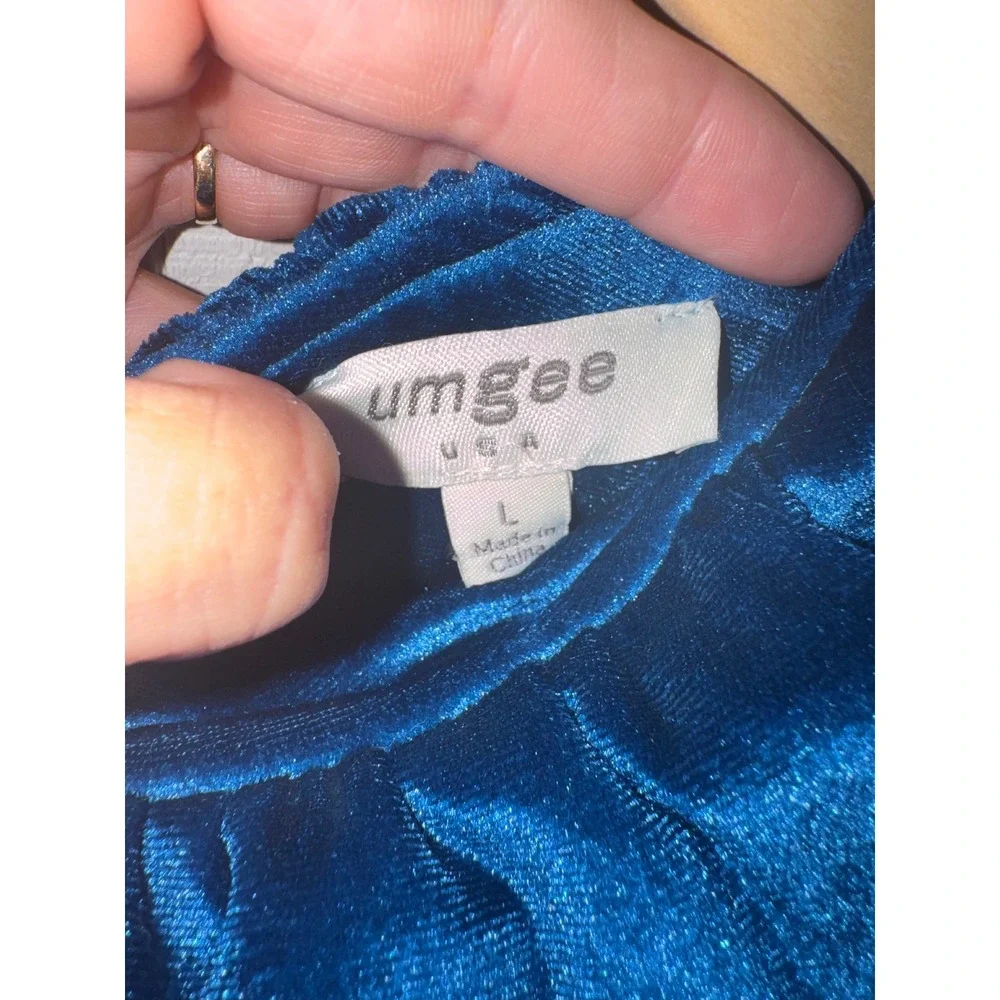 Umgee Velvet Shift Dress Womens Teal Blue Ruffle Tie Neck Sleeveless L